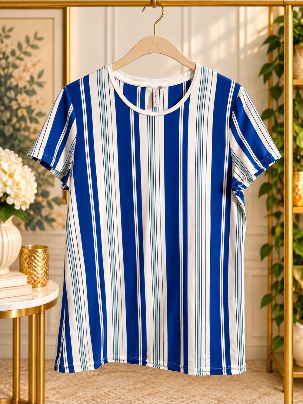 Banana Republic M Blue White Vertical Stripe Supima Cotton Short Sleeve Top